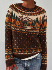 Damenpullover mit Herbstlandschafts-Muster, langärmelig, für Freizeit und Alltag