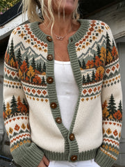 Damen-Strickmantel im Herbst-Look mit Landschafts-Muster – lässiger Cardigan‑Stil