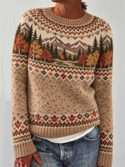 Damenpullover mit Herbstlandschafts-Muster, langärmelig, für Freizeit und Alltag