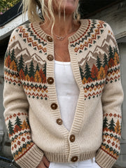 Damen-Strickmantel im Herbst-Look mit Landschafts-Muster – lässiger Cardigan‑Stil