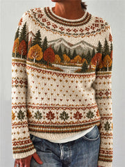 Damenpullover mit Herbstlandschafts-Muster, langärmelig, für Freizeit und Alltag