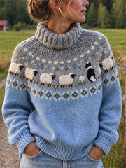 Frauen Vintage Border Collie & Fuzzy Sheep Isle Muster Roll kragen pullover