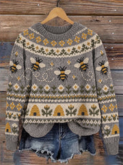 Damen-Vintage-Strickpullover mit Rundhalsausschnitt, floralem Isle-Muster und fliegenden Bienen sowie Gänseblümchen