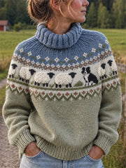 Damen-Vintage-Rollkragenpullover mit Border‑Collie‑ und flauschigen Schafen auf der Isle‑Musterung