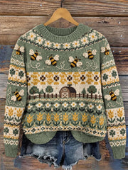 Damen-Vintage-Strickpullover mit Rundhalsausschnitt, floralem Isle-Muster und fliegenden Bienen sowie Gänseblümchen
