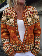 Damen-Strickjacke im Cardigan-Stil mit Herbstmotiv: Bauernhoftiere, Erntezeit und Insel‑Print
