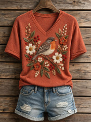 Damen-Stricktop mit Blumen- und Vogelmuster sowie V-Ausschnitt
