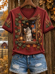 Damen-Herbst-T-Shirt mit niedlicher Katzen-Optik und kurzen Ärmeln