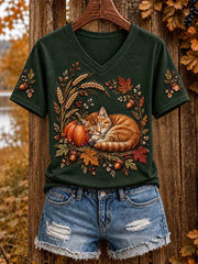 Damen-Herbst-T-Shirt mit niedlicher Katzen-Optik und kurzen Ärmeln