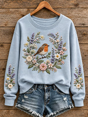 Damen-Sweatshirt mit Blumen- und Vogelmotiv