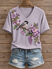 Frauen Blumen-und Vogel muster V-Ausschnitt T-Shirt
