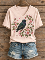 Damen-T-Shirt mit Blumen- und Vogelmuster sowie V-Ausschnitt