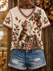 Damen Herbst niedliche Katze Kunst Kurzarm T-Shirt