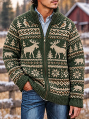 Herren-Vintage-Strickjacke mit Reißverschluss und Moose-Isole-Print