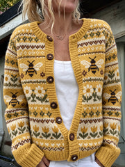 Damen Vintage Farm Bienen Strickjacke mit Blumen-Isle-Print