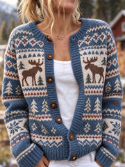 Frauen Vintage Elch-Isle-Print Strickjacke im Stil