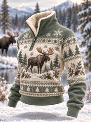 Damen-Winterpullover mit Elch-Print, lässig, aus Plüsch, mit Reißverschluss