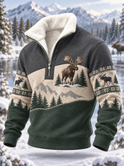 Herren-Winterpullover mit Elch-Print, lässig, aus Plüsch, mit Reißverschluss