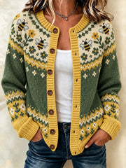 Damen-Strickjacke im Bienenmuster, lässiger Cardigan‑Stil