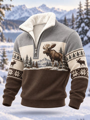 Herren-Winterpullover mit Elch-Print, lässig, aus Plüsch, mit Reißverschluss