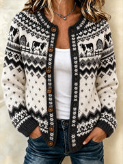 Lässige Strickjacke im Cardigan-Stil mit aufgedrucktem Muster von Bauernkühen für Damen