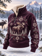 Damen-Winterpullover mit Elch-Print, lässig, aus Plüsch, mit Reißverschluss