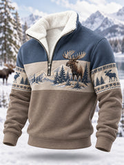 Herren Winter Elch Print Casual Plüsch Reiß verschluss Pullover