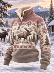 Damen-Winterpullover mit Elch-Print, lässig, aus Plüsch, mit Reißverschluss