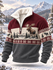 Herren-Winterpullover mit Elch-Print, lässig, aus Plüsch, mit Reißverschluss