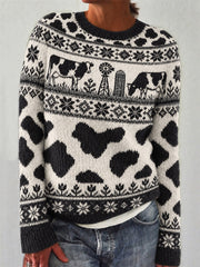 Damenpullover mit Rindermuster, lässig, langärmelig