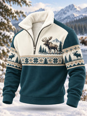 Herren-Winterpullover mit Elch-Print, lässig, aus Plüsch, mit Reißverschluss