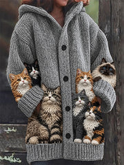 Damen-Kuscheliger langer Strickcardigan mit niedlichem, dichtem Katzenmuster und Kapuze