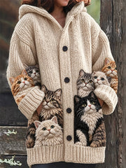 Damen schöne überfüllte Fuzzy Cats Print Gemütliche lange Strickjacke mit Kapuze