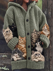Damen-Kuscheliger langer Strickcardigan mit niedlichem, dichtem Katzenmuster und Kapuze