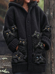 Damen schöne überfüllte Fuzzy Black Cats Print Gemütliche lange Strickjacke mit Kapuze