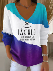 Frauen-Fun-Slogan-Druck-Ripp-Top mit V-Ausschnitt in Deutsch