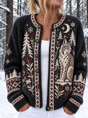 Damen-Strickjacke mit Knöpfen und nordischem Waldtier-Print