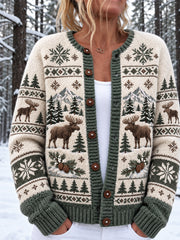 Damen-Strickjacke mit Knöpfen und nordischem Waldtier-Print