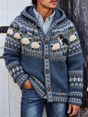 Herren-Vintage-Strickjacke mit gemütlicher Kapuze, Border‑Collie‑ und Schaf‑Landschafts‑Insel‑Print