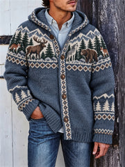 Herren-Vintage-Strickjacke mit gemütlicher Kapuze, Waldtiere- und Landschaftsdruck