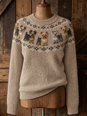 Damen Vintage Yorkie Dogs Yoke Isle Muster Print Pullover mit Rundhals ausschnitt