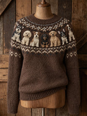 Damen-Vintage-Pullover mit Hunde- und Yoke-Isle-Muster sowie Rundhalsausschnitt