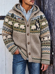 Herren-Vintage-Strickjacke mit gemütlicher Kapuze, Border‑Collie‑ und Schaf‑Landschafts‑Insel‑Print
