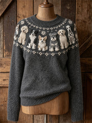 Damen-Vintage-Pullover mit Hunde- und Yoke-Isle-Muster sowie Rundhalsausschnitt