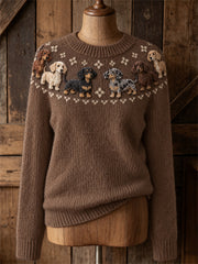 Damen Vintage Dackel Hunde Yoke Isle Muster Print Rundhals pullover