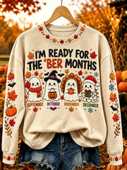Damen-Vintage-Bequemer Sweatshirt mit dem Aufdruck „Ich bin bereit für die ‚ber-Monate“