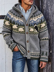 Herren Vintage Border Collie & Fuzzy Sheep Landschaft Isle Print Kapuzen strickjacke