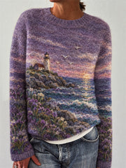 Damen Vintage Leuchtturm Sonnen untergang Seascape Wolle Kunstdruck Rundhals pullover