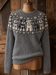 Damen Vintage Schnauzer Hunde Yoke Isle Print Gemütlicher Pullover mit Rundhals ausschnitt