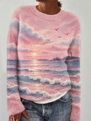 Damen-Vintage-Strickpullover mit Leuchtturm-Sonnenuntergang-Meerlandschaft in Wolloptik und Rundhalsausschnitt